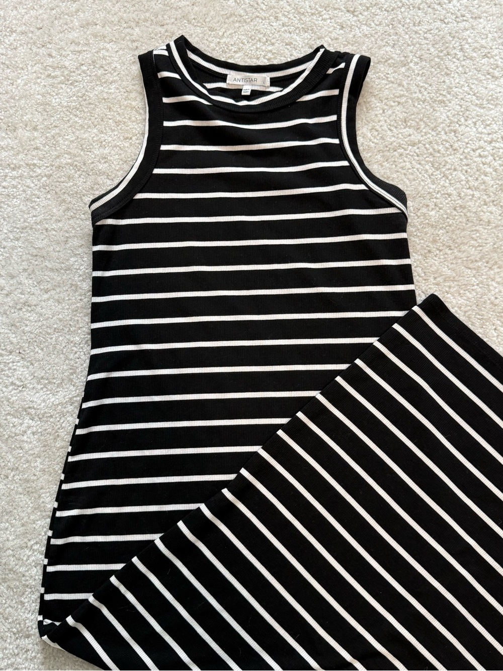 Antistar Black & White Striped Ribbed Summer Midi Dress, Medium